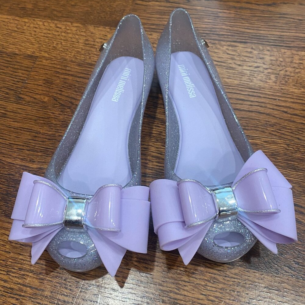 Mini Melissa Ultragirl Sweet IX INF Silver Glitter Shoes Lavender Bow Slippers